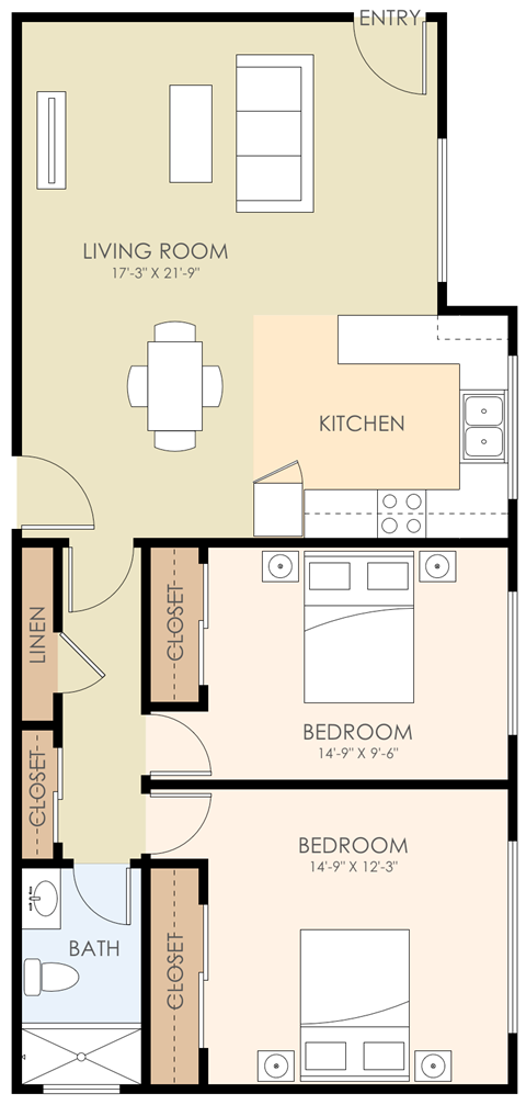 Floor plan for 2 beds, 1 bath, 900 sqft
